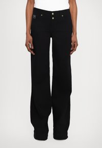 Black wide-leg jeans made of denim, featuring a high waist, two front buttons, and subtle branding on the waistband.