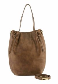 Sac fourre-tout en cuir marron avec double poignées et une sangle crossbody détachable et réglable, avec des accessoires en métal doré.