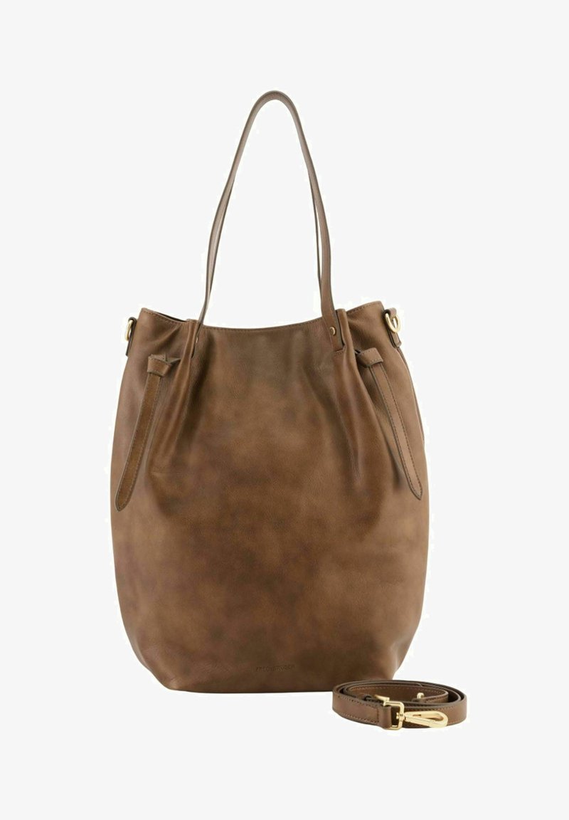 Sac fourre-tout en cuir marron avec double poignées et une sangle crossbody détachable et réglable, avec des accessoires en métal doré.