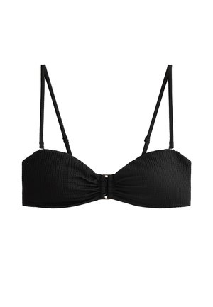 Top bikini nero in tessuto testurizzato, con supporto a stecche e spalline regolabili. Presenta una chiusura centrale con gancio. Design classico.