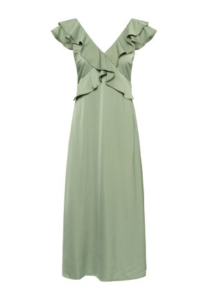 Robe sans manches vert sauge clair avec un décolleté en V profond et des détails à volants le long de l'encolure et de la taille sur un fond blanc uni.