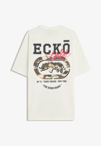 Cotton t-shirt in off-white with a large camouflage graphic and black text featuring "ECKŌ UNLIMITED" and brand details on the back.