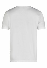 Witte katoenen t-shirt met ronde hals, korte mouwen en een rechte zoom. Zijlabeldetails voegen een functioneel accent toe.