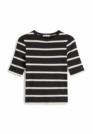 Zwart en crème gestreepte rib T-shirt met een ronde halslijn en korte mouwen. De stof is licht rekbaar.