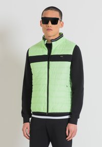 Gilet imbottito verde chiaro con striscia nera orizzontale, chiusura frontale con zip e colletto alto. Indossato sopra una maglietta nera a maniche lunghe. Occhiali da sole neri.
