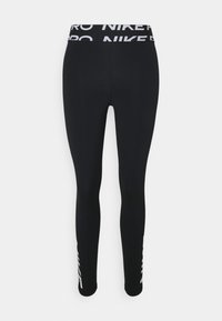 Black athletic leggings with a thick waistline featuring white Nike branding. Made from stretchy fabric, they are form-fitting and smooth.