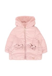 Giacca puffer rosa con cappuccio, dotata di un morbido rivestimento in pelliccia sintetica, due fiocchi decorativi sul davanti e una chiusura con zip dorata.