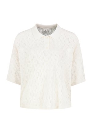 Cremesfarbenes kurzärmeliges Strick-Poloshirt mit wellenartigem Lochmuster und drei Knöpfen am Kragen, Größe M.