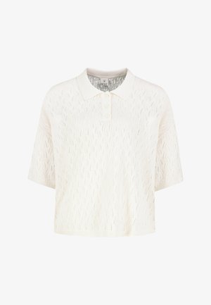 Cremesfarbenes kurzärmeliges Strick-Poloshirt mit wellenartigem Lochmuster und drei Knöpfen am Kragen, Größe M.