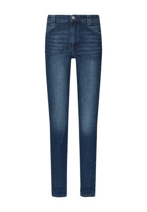 Strakke jeans in donkerblauwe denim met een gladde textuur, met een knoopsluiting aan de voorkant, vijf zakken en subtiele vervaging op de bovenbenen.