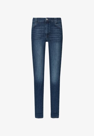 Jeans skinny en denim bleu foncé avec une texture lisse, dotés d'une fermeture par bouton à l'avant, de cinq poches et d'un léger délavage sur les cuisses.