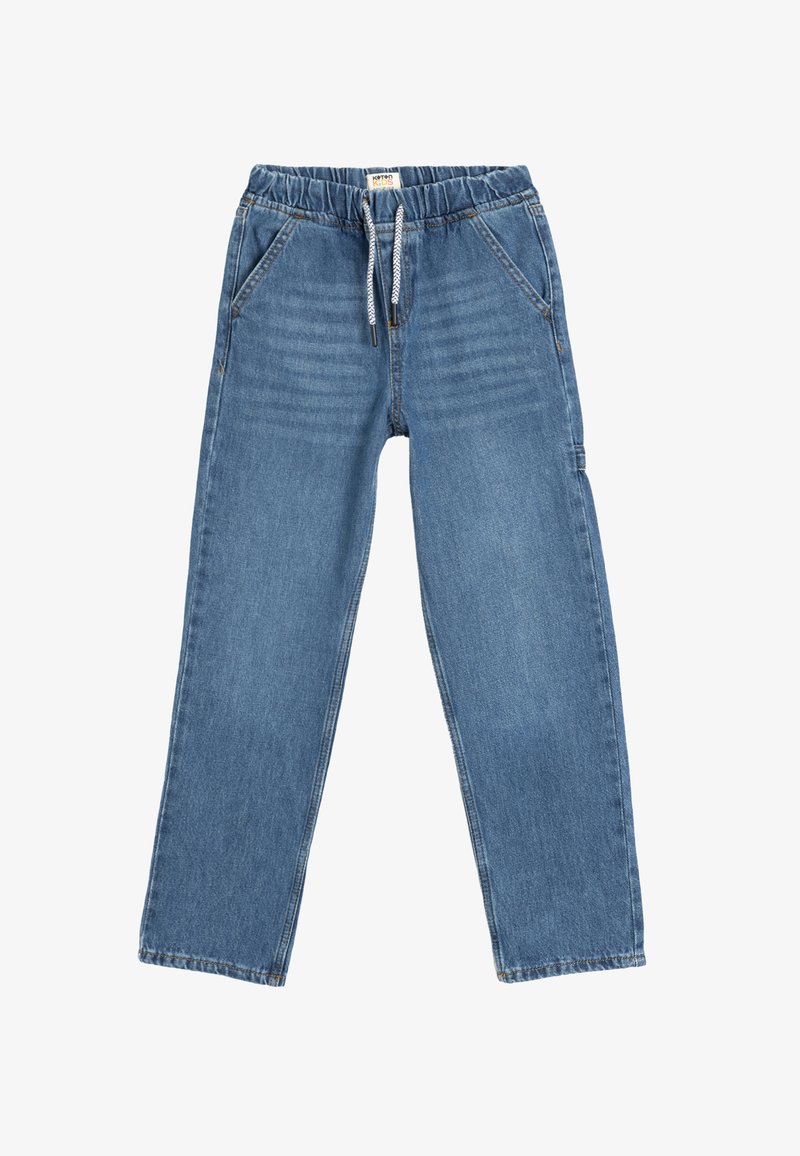 Blå denim joggers med elastisk midja, justerbar dragsko och två sidfickor. Raka ben, mediumviktigt tyg.