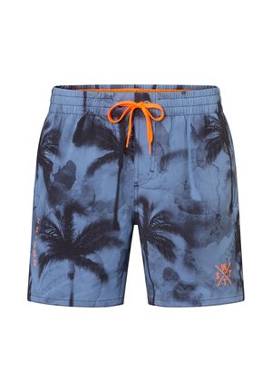 Shorts de bain bleus avec motifs de palmiers noirs, cordon orange et petit logo orange sur la jambe droite.