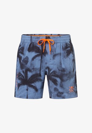 Shorts de bain bleus avec motifs de palmiers noirs, cordon orange et petit logo orange sur la jambe droite.