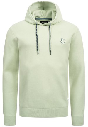 Hellgrüner Hoodie mit weicher Textur, gerippten Bündchen und Saum, mit einem Frontlogo und dunklen Kordeln mit weißen Akzenten.