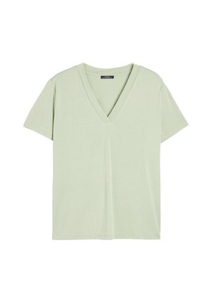 Koszulka z dekoltem w serek w jasnym zielonym kolorze. Wykonana z miękkiej, lekkiej bawełny. Krótkie rękawy, luźny krój, bez wzorów ani ozdób.