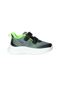 Sneakers con tomaia in rete nera e grigia, dettagli verde lime, due strap in velcro e suola in gomma bianca texturizzata per una buona aderenza.