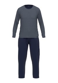 Long-sleeve striped top in navy and gray, paired with solid navy pants featuring an elastic waistband and ankle cuffs. Breathable fabric.