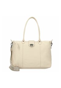 Borsa a mano in pelle crema con due manici, una tracolla staccabile e una chiusura superiore con un gancio metallico; texture liscia con cuciture verticali.