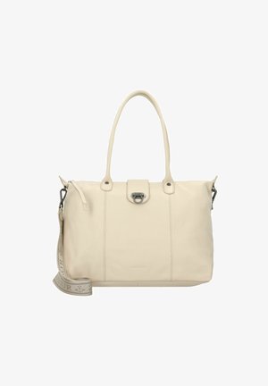 Borsa a mano in pelle crema con due manici, una tracolla staccabile e una chiusura superiore con un gancio metallico; texture liscia con cuciture verticali.