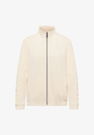 Cream-colored zip-up jacket with a stand collar, ribbed cuffs, and logo accents along the sleeves. Smooth fabric and relaxed fit.