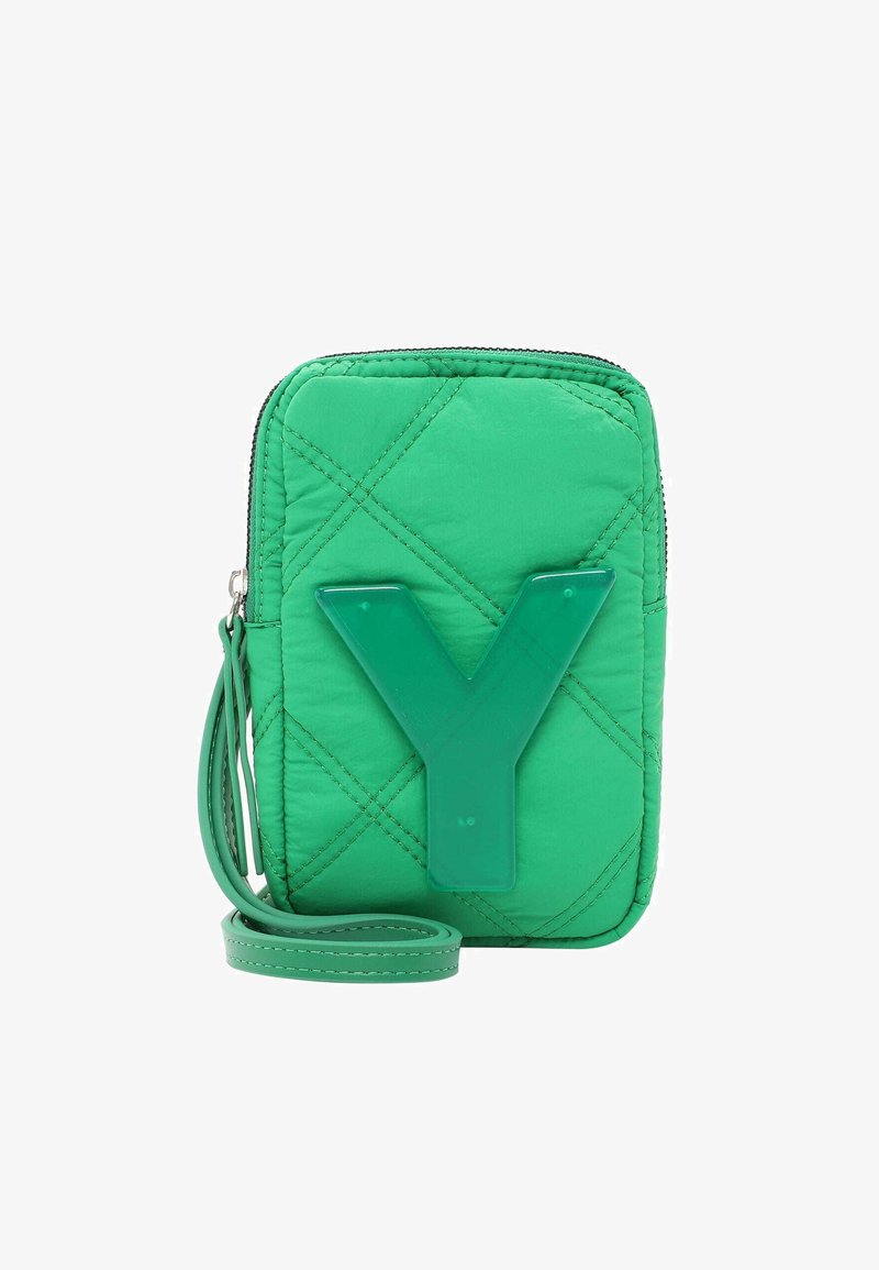 Gezepte groene stoffen tas met een groot plastic 'Y' accent, ritsluiting en afneembare schouderband. Textuur oppervlak met diagonale stiknaad.