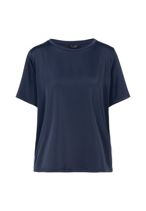 Blouse courte en satin bleu marine à manches courtes, col rond et coupe décontractée.