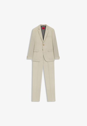 Light beige two-piece suit with notched lapel blazer, two front flap pockets, chest pocket, and matching straight-leg trousers.