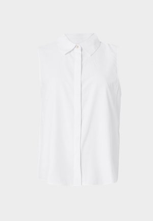 Blusa sin mangas blanca con un frente de botones, cuello clásico y textura suave. Diseño simple sin patrones ni adornos.