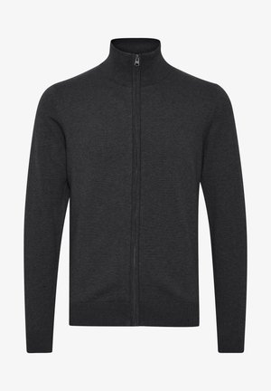 Tmavě šedý svetr na zip s vysokým límcem, ribkovaným lemem a manžetami a hladkou pleteninou. Univerzální design vhodný pro vrstvení.
