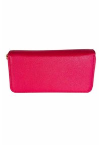 Portafoglio in pelle rosa con superficie testurizzata, forma rettangolare e dettaglio della cerniera dorata nella parte superiore. Design semplice e pratico.