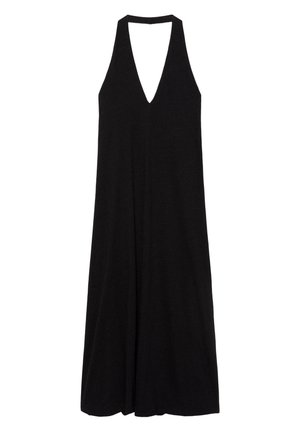 Schwarzes ärmelloses Maxikleid mit tiefem V-Ausschnitt und Neckholder-Trägern, fließende, gerade Silhouette.
