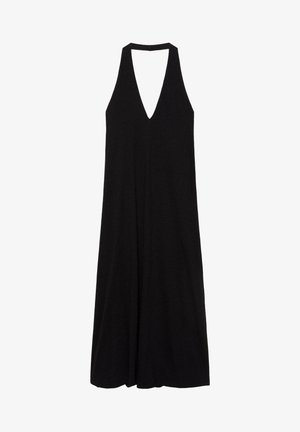 Fekete ujjatlan maxi ruha mély V-nyakkivágással és pántos, halter stílusú vállpántokkal, egyenesen leomló sziluettel.