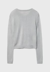 Light gray knitted sweater with long sleeves, a round neckline, and a cropped hem. Features ribbed cuffs and a textured pattern.
