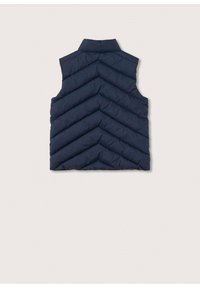 Mörkblå vadderad väst med ett zigzag-kviltat mönster, krage och ärmlös design. Materialet verkar mjukt och lätt.