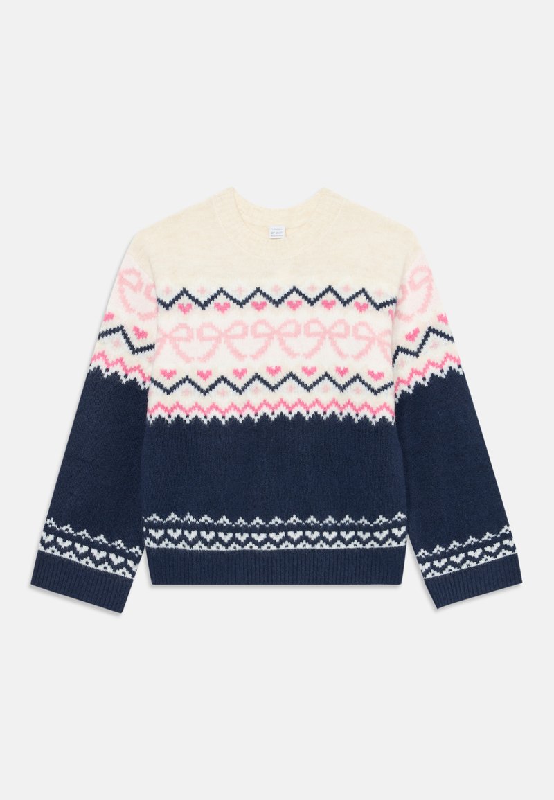Cremiger und navyfarbener Strickpullover mit rosa und schwarzen Herz- und Zickzackmustern über die Brust, die Ärmel und den Saum.