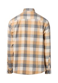 Langsleeve shirt met een geruite patroon in beige, grijs en wit. Gemaakt van een zachte stof met een klassieke kraag en met knopen sluitende manchetten.