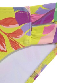 Bikini multicolor con vibrantes patrones florales en amarillo, rosa y púrpura. Tejido suave con cintura elástica y forro interior suave.