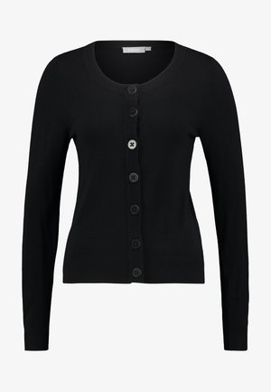 Fekete kardigán kötött anyagból, kerek nyakkivágással, hosszú ujjakkal és hat fekete gombbal az elején. Bordás szegély és mandzsetta.