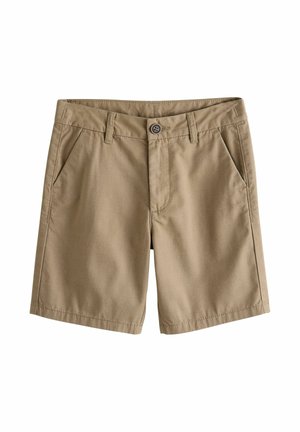 Beežid puuvillased lühikesed püksid esinupu, vööaasade ja kaldu olevate küljetaskutega, laotatuna valgel taustal.