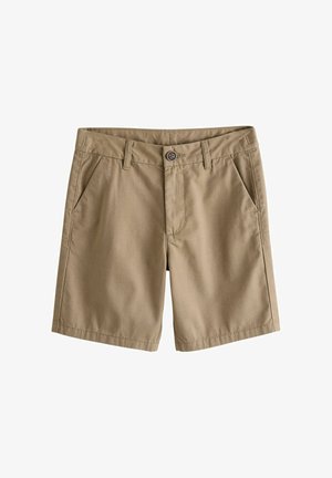 Shorts en coton beige avec bouton à l'avant, passants pour ceinture et poches latérales inclinées, posés à plat sur un fond blanc.