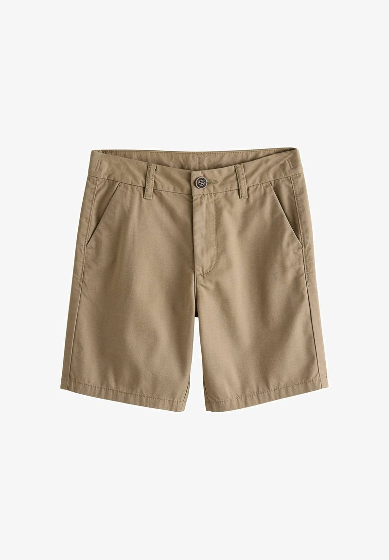 Beige Baumwollshorts mit Frontknopf, Gürtelschlaufen und schrägen Seitentaschen, flach auf einem weißen Hintergrund liegend.