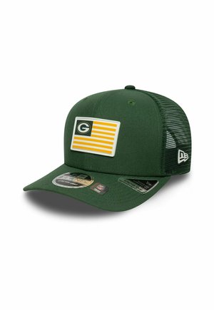 Green baseball cap with a solid front design, featuring a white patch with yellow stripes and a logo. Mesh back and snap closure.