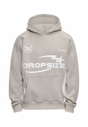 Sweat à capuche gris clair avec logo blanc "DROPSIZE", graphique d'étoile, emblème "DS" et texte "EST. 2020", comprenant une poche avant et des poignets côtelés.