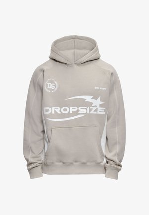 Sweat à capuche gris clair avec logo blanc "DROPSIZE", graphique d'étoile, emblème "DS" et texte "EST. 2020", comprenant une poche avant et des poignets côtelés.