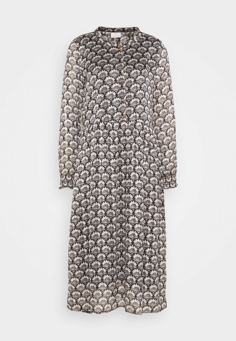 Robe midi à manches longues avec motif floral noir et blanc, boutonnée devant, taille froncée et poignets élastiques.