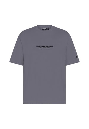 Graues T-Shirt mit kurzen Ärmeln mit schwarzem Text ""CORDONSPORT ATHLETICS 1986"" auf der Brust und einem kleinen Logo am linken Ärmel.