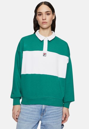 Groene en witte polo sweatshirts gemaakt van een katoenmix, met een geknoopte kraag, lange mouwen en een opvallend logo op de borst.