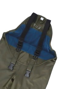 Green waterproof overalls with a blue interior. Adjustable black straps and buckle closures. Smooth texture, designed for outdoor use.