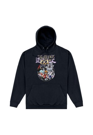 Sort hættetrøje med et farverigt anime-stil billede med tre karakterer og en robot fra serien Yu-Gi-Oh GX på forsiden.